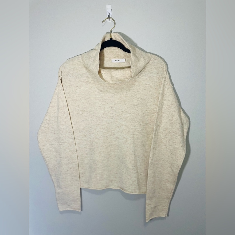 Mod Ref Sweater Womens Large Beige Turtleneck Funnel Neck Boxy Rolled Hem